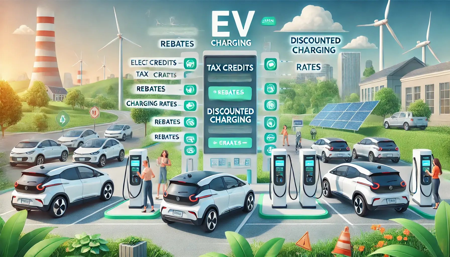 DALL·E 2024-07-23 16.28.44 - A widescreen image for a blog about EV charging incentives. The scene shows a modern electric vehicle charging station with multiple EVs being charged