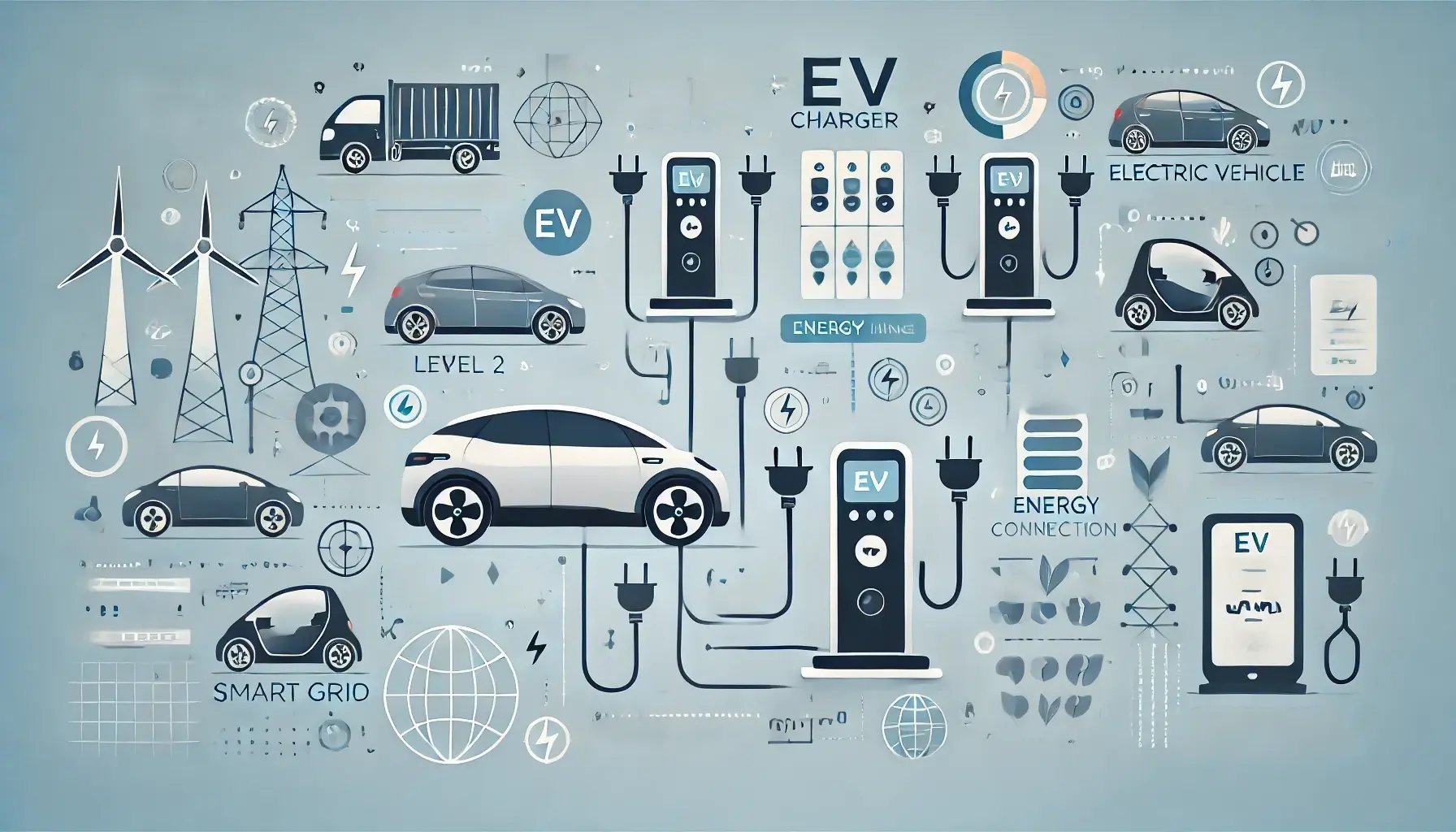 DALL·E 2024-11-21 13.08.32 - An illustration representing electric vehicle (EV) charger and energy management. Show different types of EV chargers, including Level 2 and DC fast c