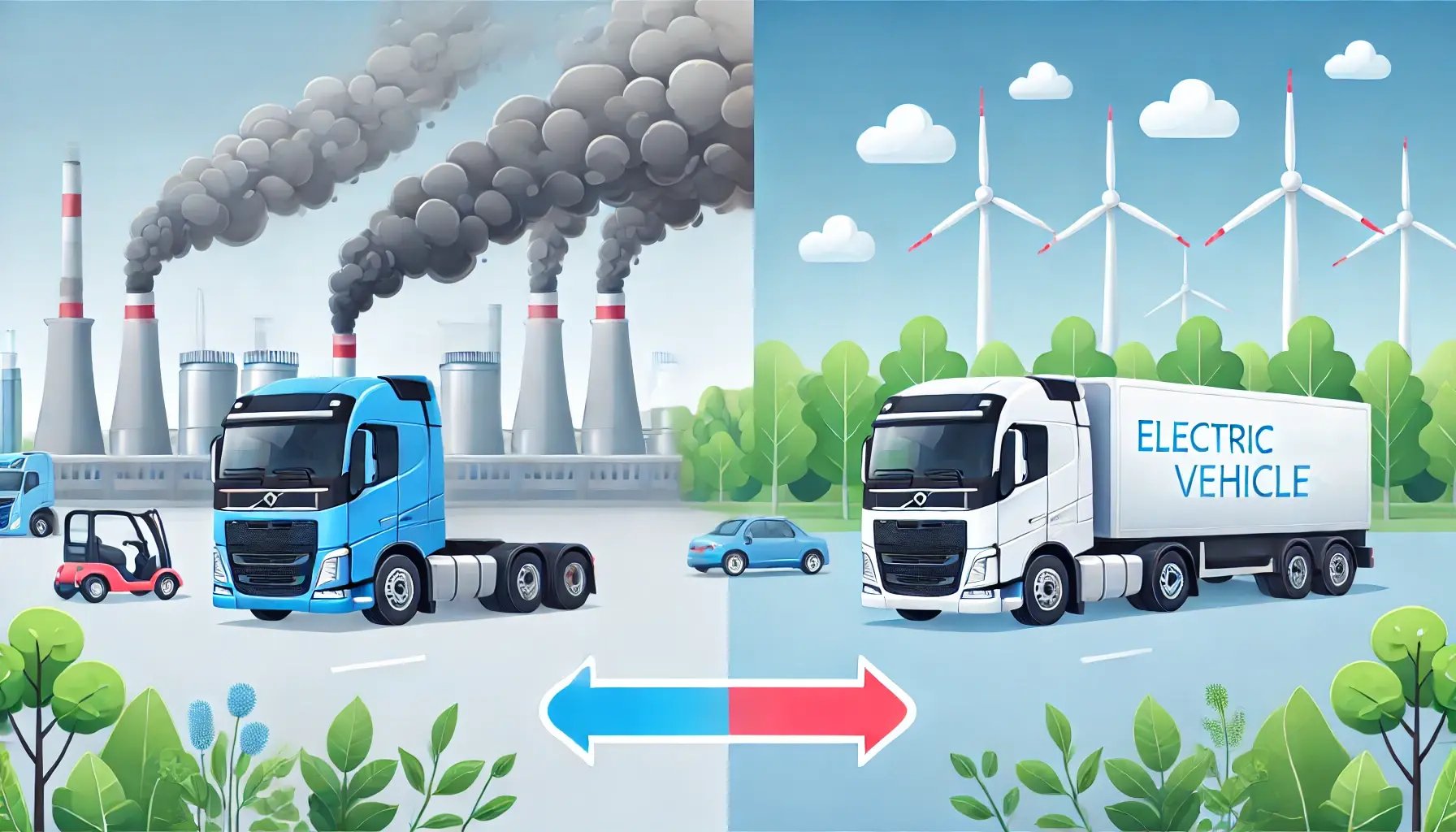 DALL·E 2024-11-21 13.16.29 - A before-and-after illustration showing the environmental impact of emissions from traditional diesel trucks versus electric vehicles (EVs). On one si