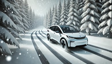 DALL·E 2024-12-17 12.04.25 - A realistic image of an electric vehicle (EV) driving through a snowy winter road, surrounded by snow-covered trees. The cars wheels are creating tra