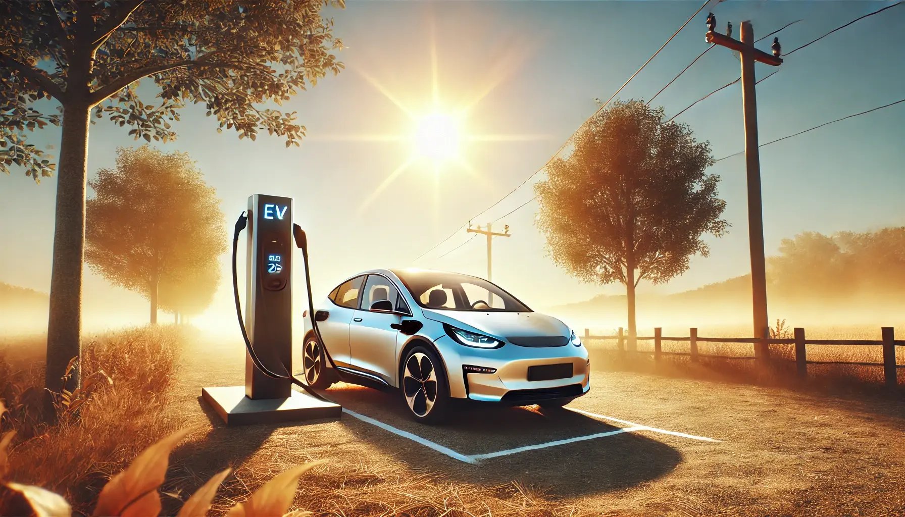 DALL·E 2024-12-17 12.04.28 - A realistic image of an electric vehicle (EV) at an EV charging station in extreme summer heat. The car is connected to the charger, and the sun is sh