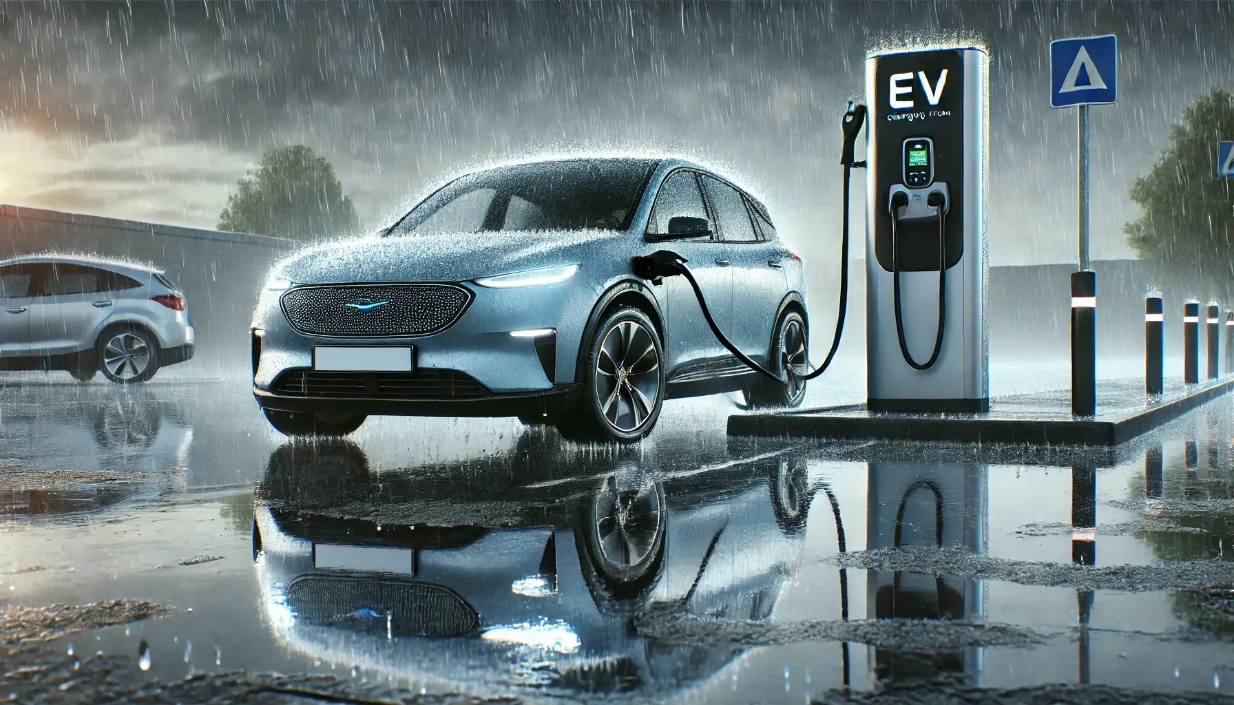 DALL·E 2024-12-17 12.25.23 - A realistic image of an electric vehicle (EV) parked at an EV charging station during rainy weather. The car is plugged into the charger, with visible