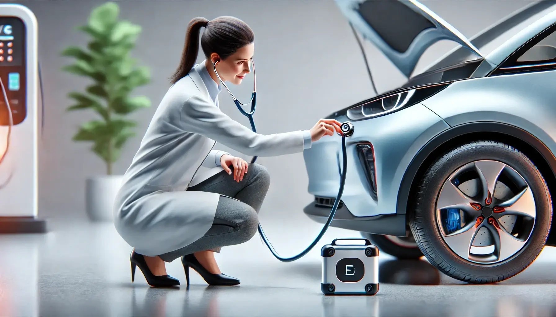 DALL·E 2024-12-17 12.34.25 - A realistic image of a female doctor checking the health of an electric vehicles (EV) battery with a stethoscope. The stethoscope tube is now fully e