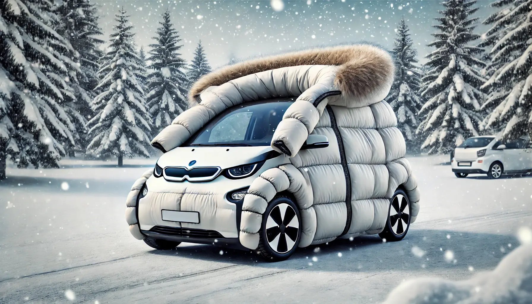 DALL·E 2024-12-17 12.36.23 - A creative and playful image of an electric vehicle (EV) designed to appear as if it is wearing a large, puffy winter parka or jacket. The EV is parke