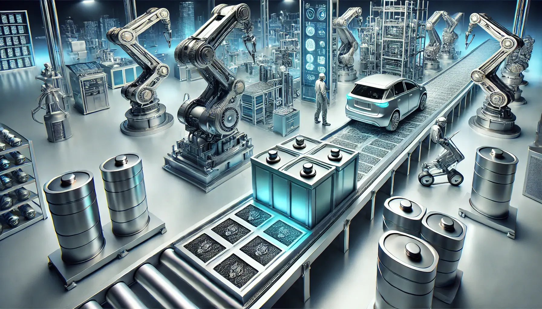 DALL·E 2024-12-19 10.53.24 - A visually striking illustration of a modern electric vehicle battery manufacturing process. The image features a high-tech factory with robotic arms 