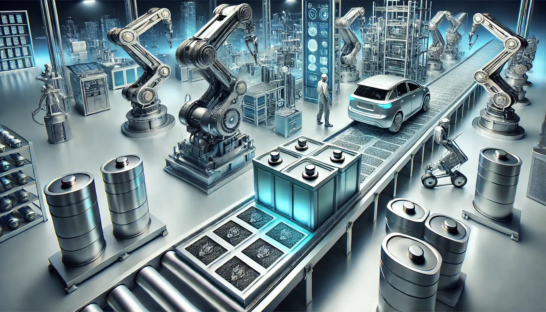 DALL·E 2024-12-19 10.53.24 - A visually striking illustration of a modern electric vehicle battery manufacturing process. The image features a high-tech factory with robotic arms