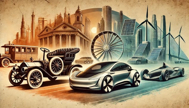 DALL·E 2024-12-19 12.58.27 - An artistic representation showcasing the evolution of electric vehicle technology. The image features three prominent stages_ the earliest EV model f