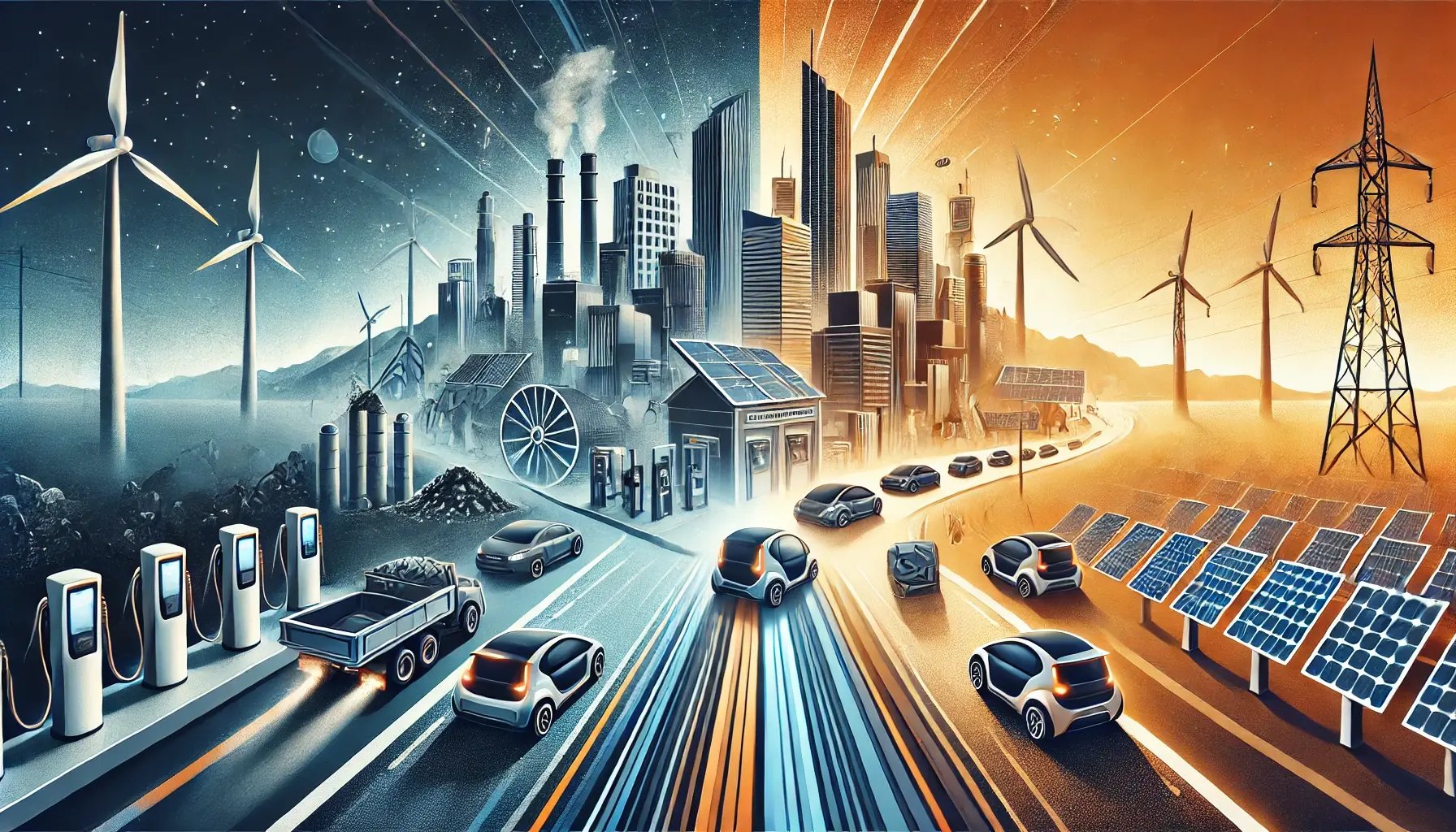 DALL·E 2024-12-19 13.01.27 - A dynamic and visually engaging illustration representing the challenges and opportunities of electric cars. The image is divided diagonally, with the