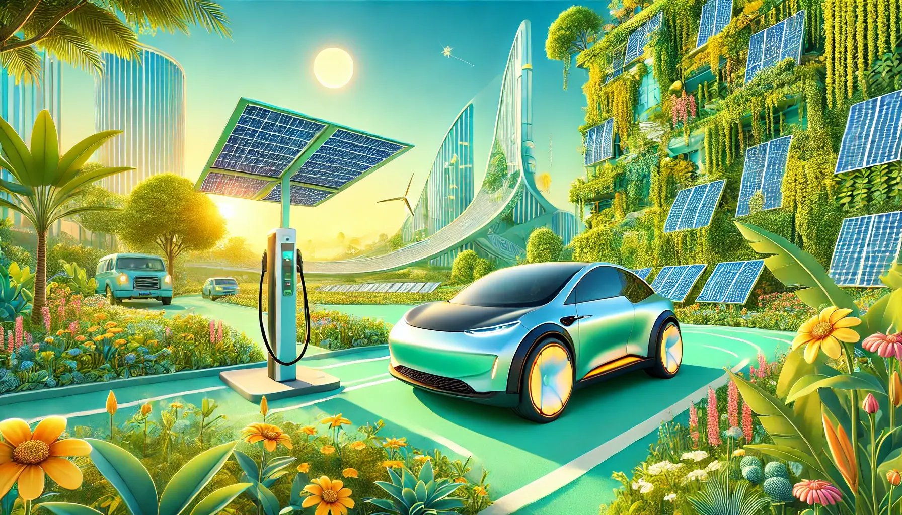 DALL·E 2024-12-19 13.03.06 - A vibrant and positive illustration of an electric car in a solarpunk future. The car has a sleek, futuristic design and is parked in a green, urban e