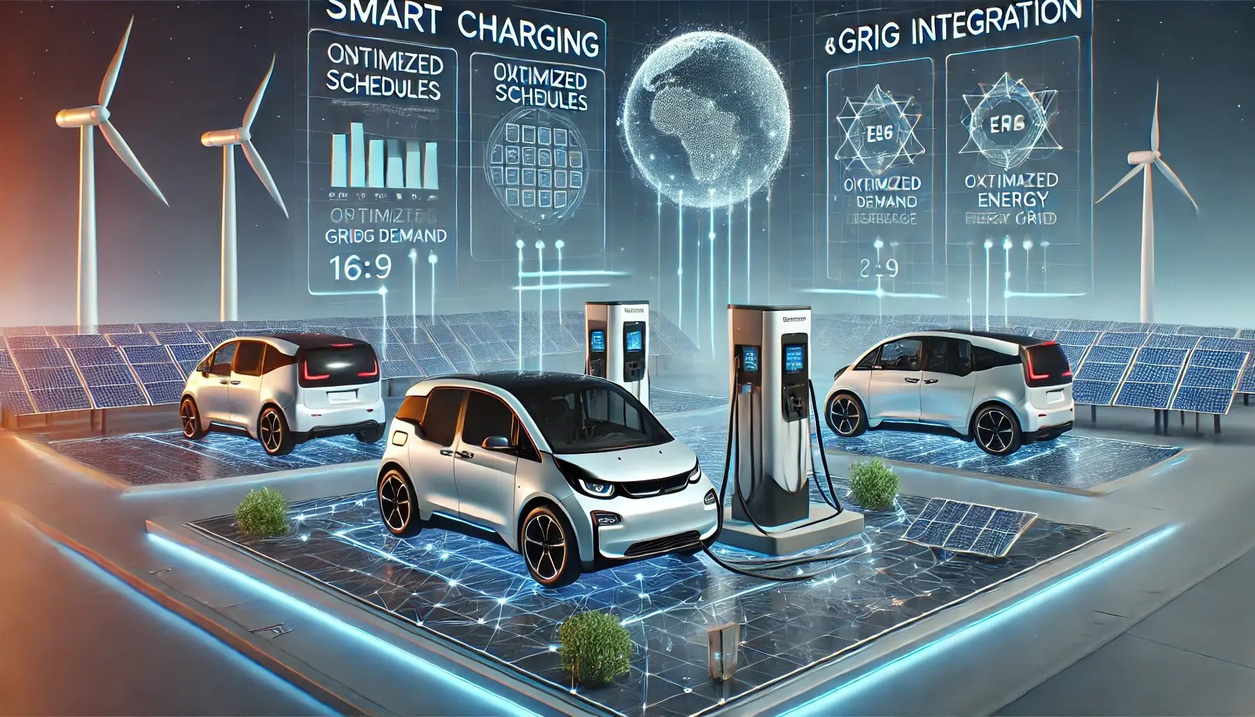 DALL·E 2024-12-19 17.22.07 - A futuristic scene illustrating smart charging and grid integration. Show electric vehicles plugged into a charging station with a digital interface d