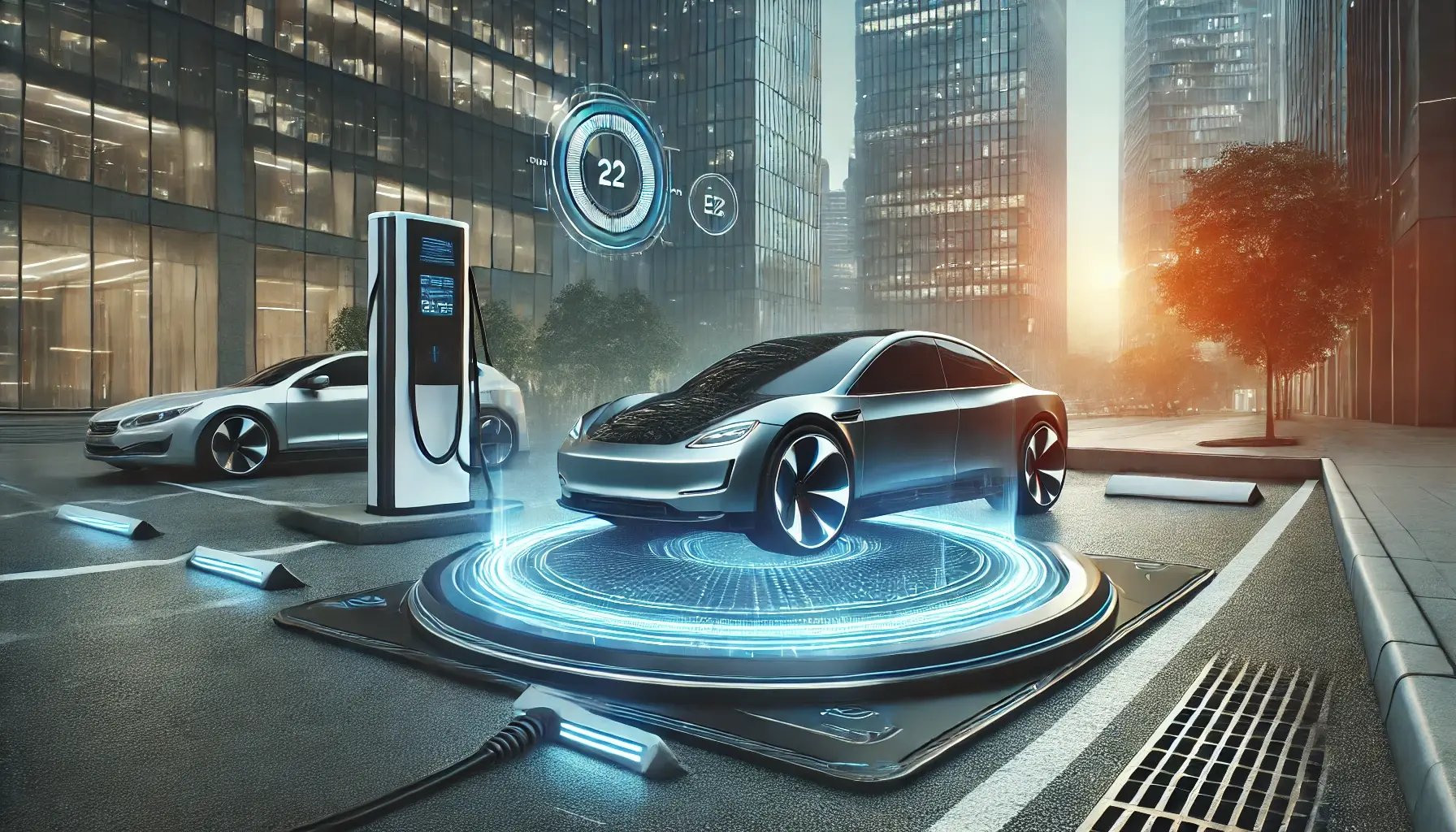 DALL·E 2024-12-19 17.22.28 - A futuristic depiction of wireless electric vehicle charging, showing a car parked over an induction pad with no visible cables. The scene is sleek, w