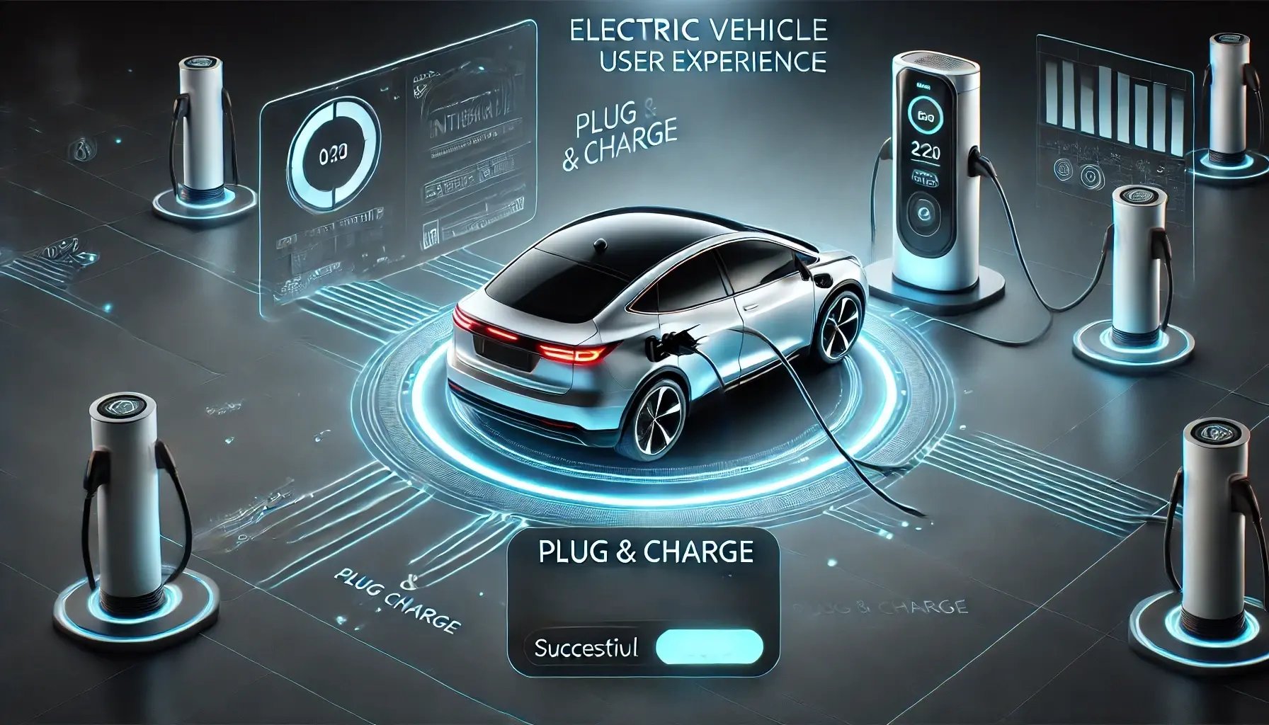 DALL·E 2024-12-19 17.26.35 - An electric vehicle charging scene highlighting seamless user experience, featuring a Plug & Charge system. Show a car automatically initiating chargi