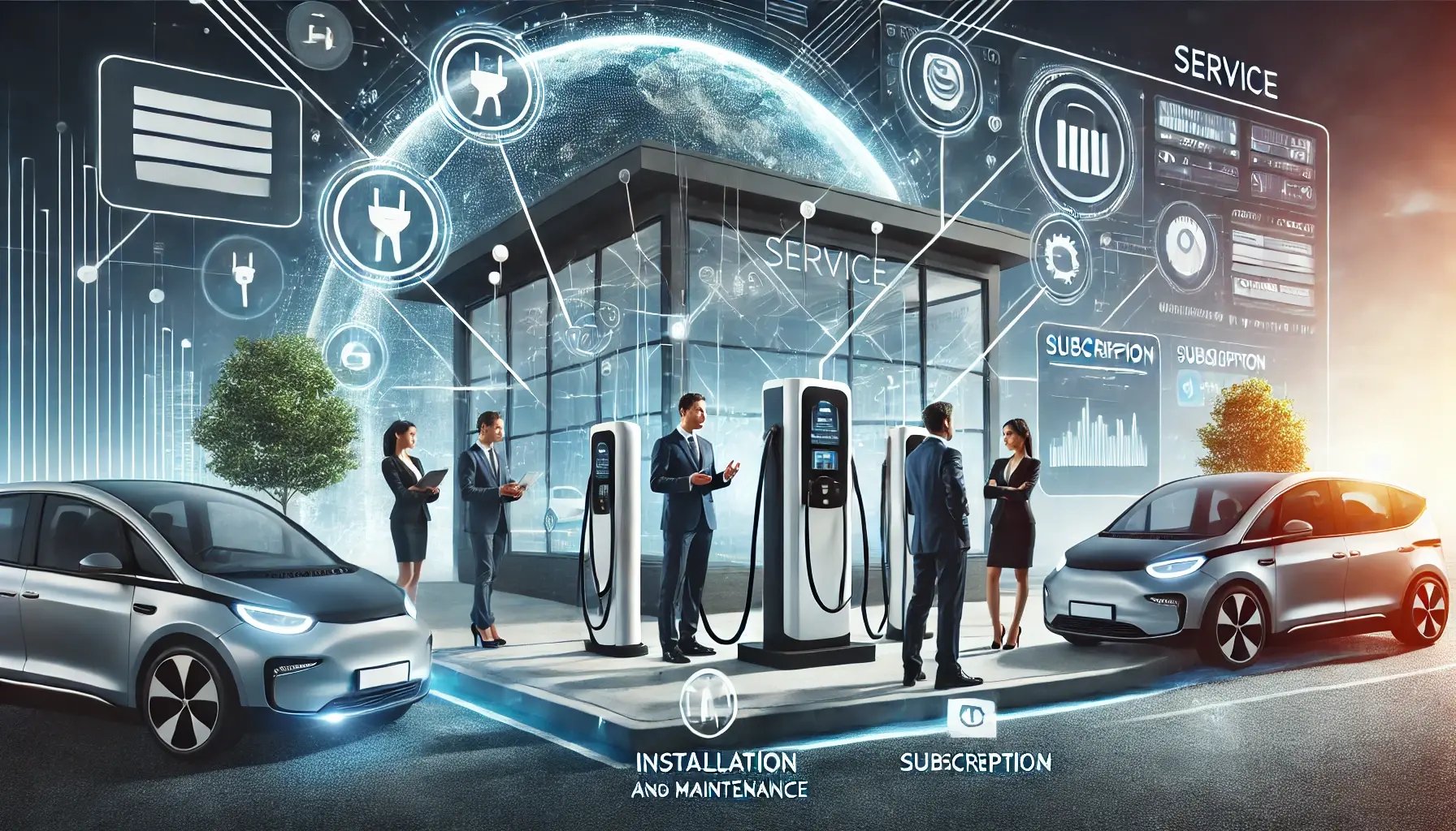 DALL·E 2024-12-19 17.27.57 - A modern electric vehicle charging hub operated as a service, showcasing multiple charging stations managed by a central system. Include business prof