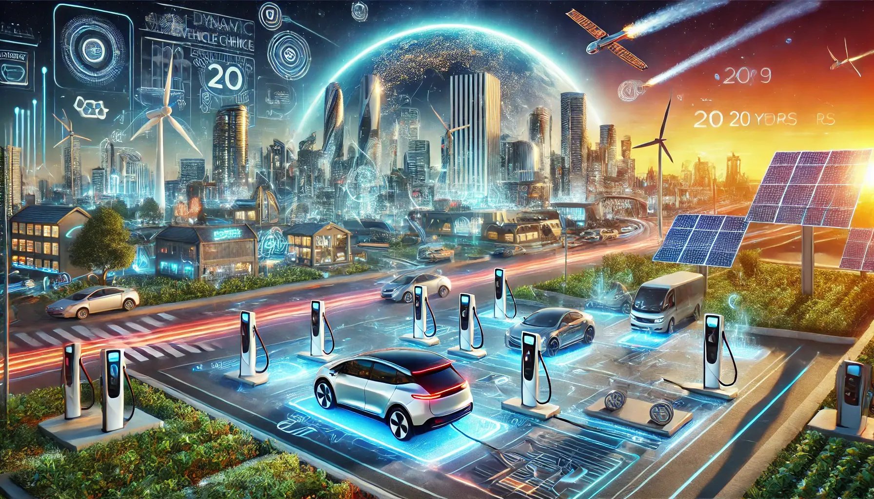 DALL·E 2024-12-19 17.29.06 - A highly futuristic scene of electric vehicle charging in 20 years, showcasing dynamic road charging with vehicles being charged while driving. Includ