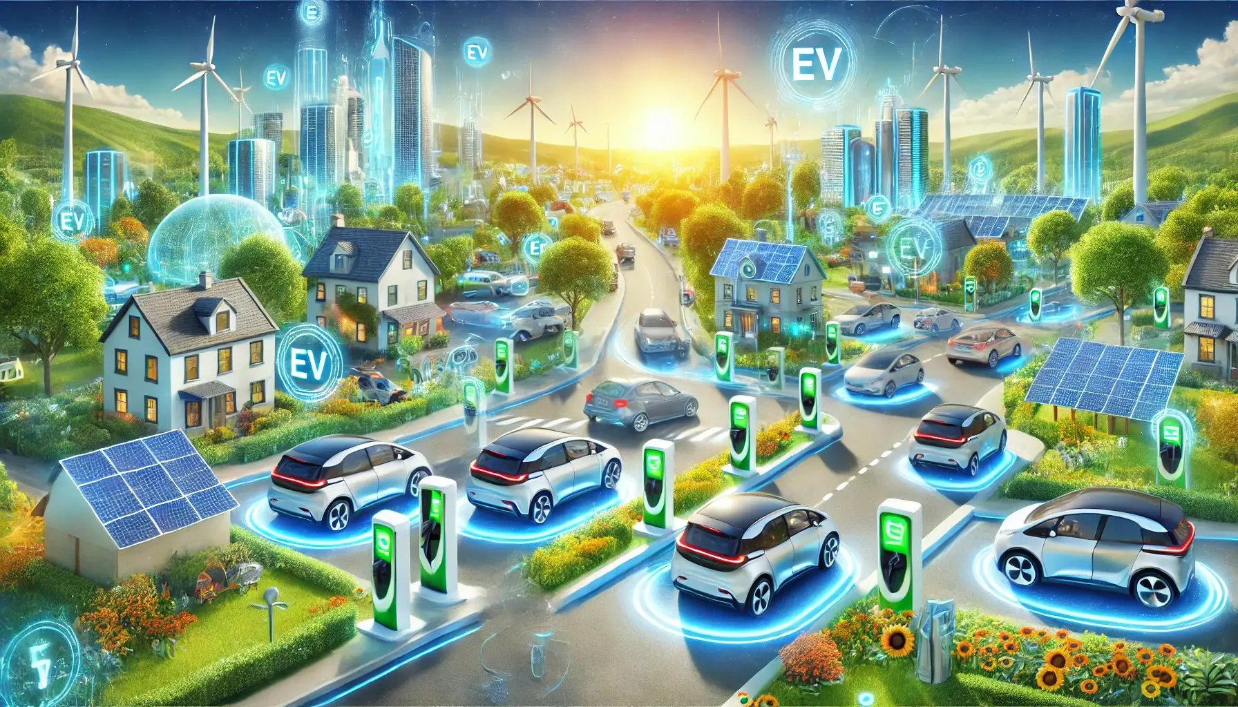 DALL·E 2025-01-06 17.31.05 - A vibrant and futuristic scene showcasing an EV world where electric vehicles dominate the landscape. The streets are filled with modern, sleek EVs