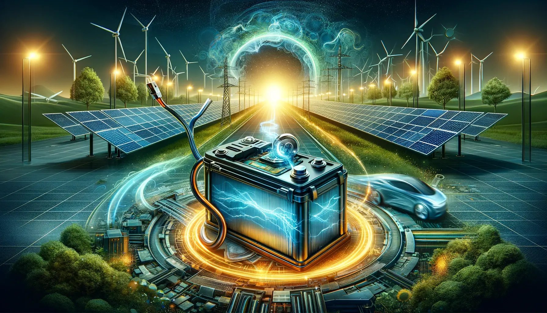 DALL·E 2025-01-10 16.28.33 - An artistic representation of an old electric vehicle (EV) battery being transformed into a new source of energy storage for the grid. The scene shows