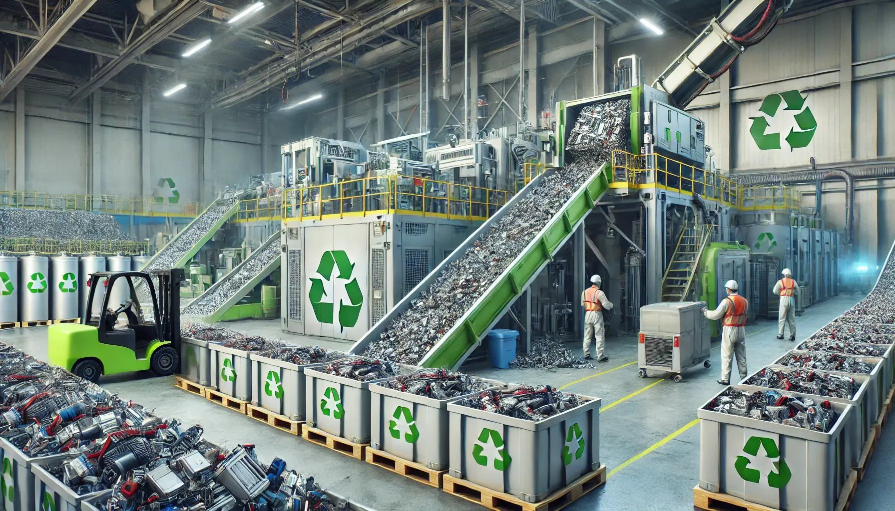 DALL·E 2025-01-10 16.30.15 - A realistic depiction of the current state of EV battery recycling. The scene shows a recycling facility with stacks of used EV batteries in the foreg