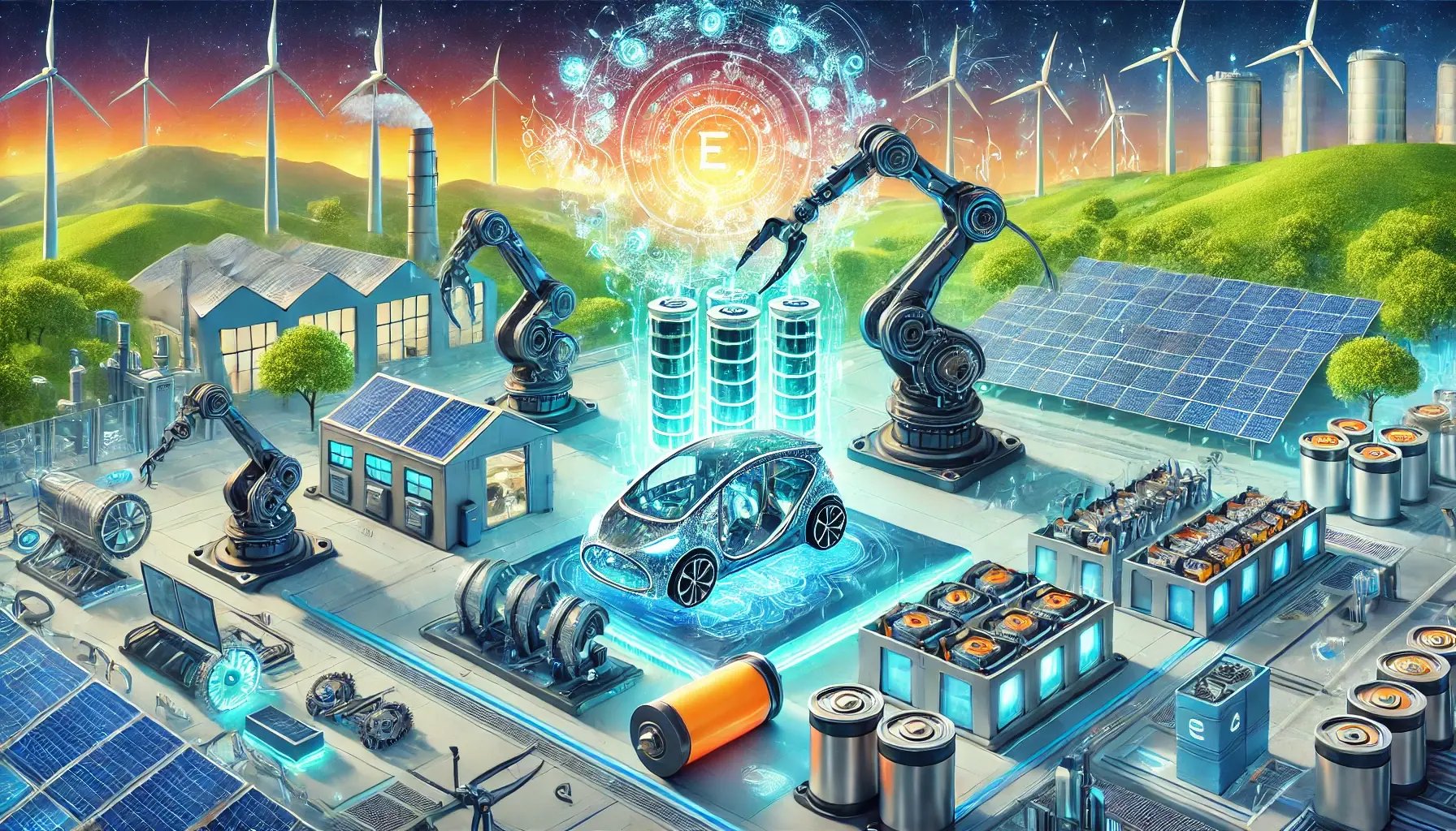 DALL·E 2025-01-10 16.48.17 - A futuristic depiction of innovations shaping the future of EV battery recycling and energy storage. The scene includes advanced robotic arms disassem