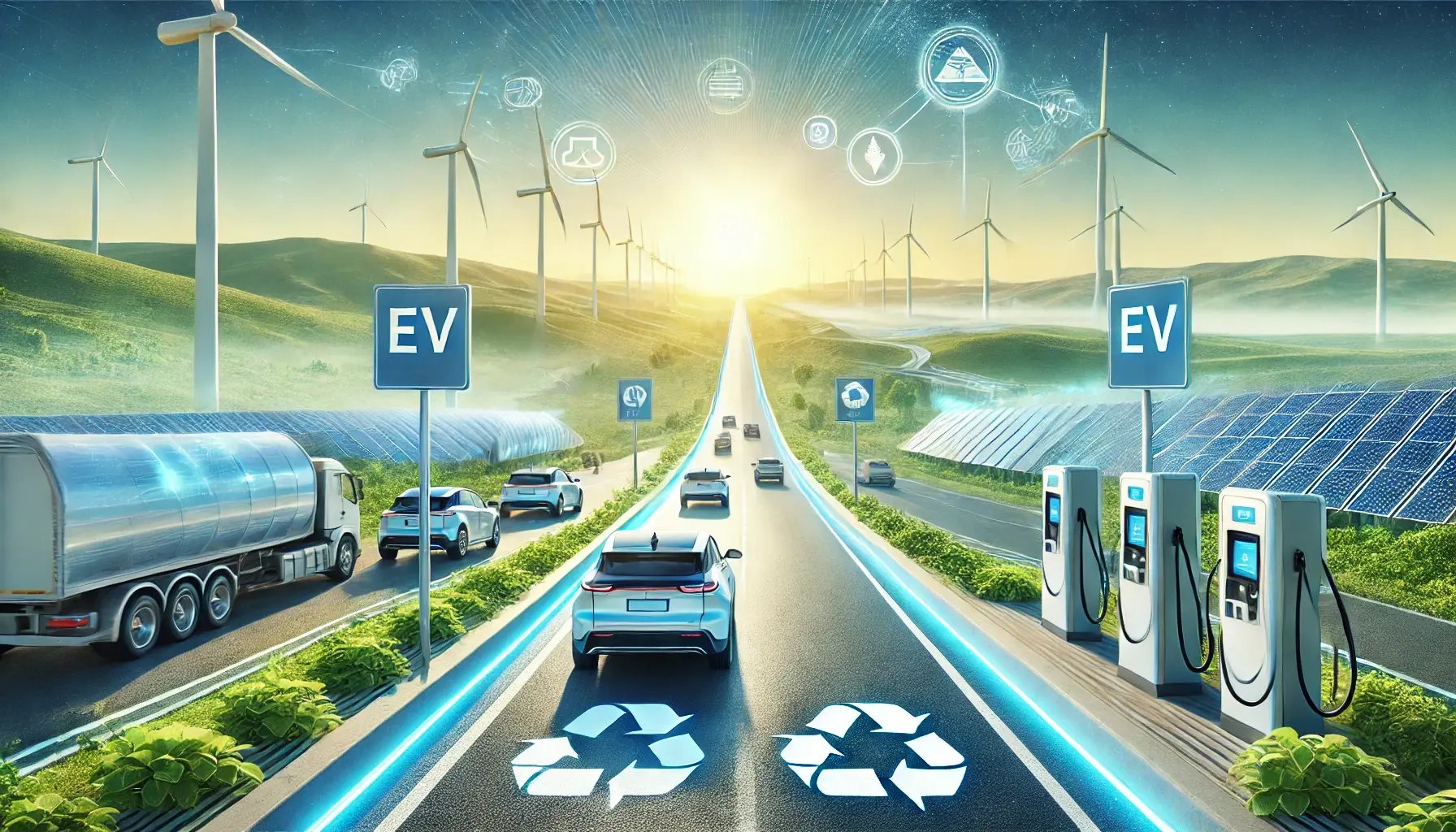 DALL·E 2025-01-10 16.57.28 - An inspirational image representing the road ahead for electric vehicles and sustainable energy. The scene features a long, clean road stretching into