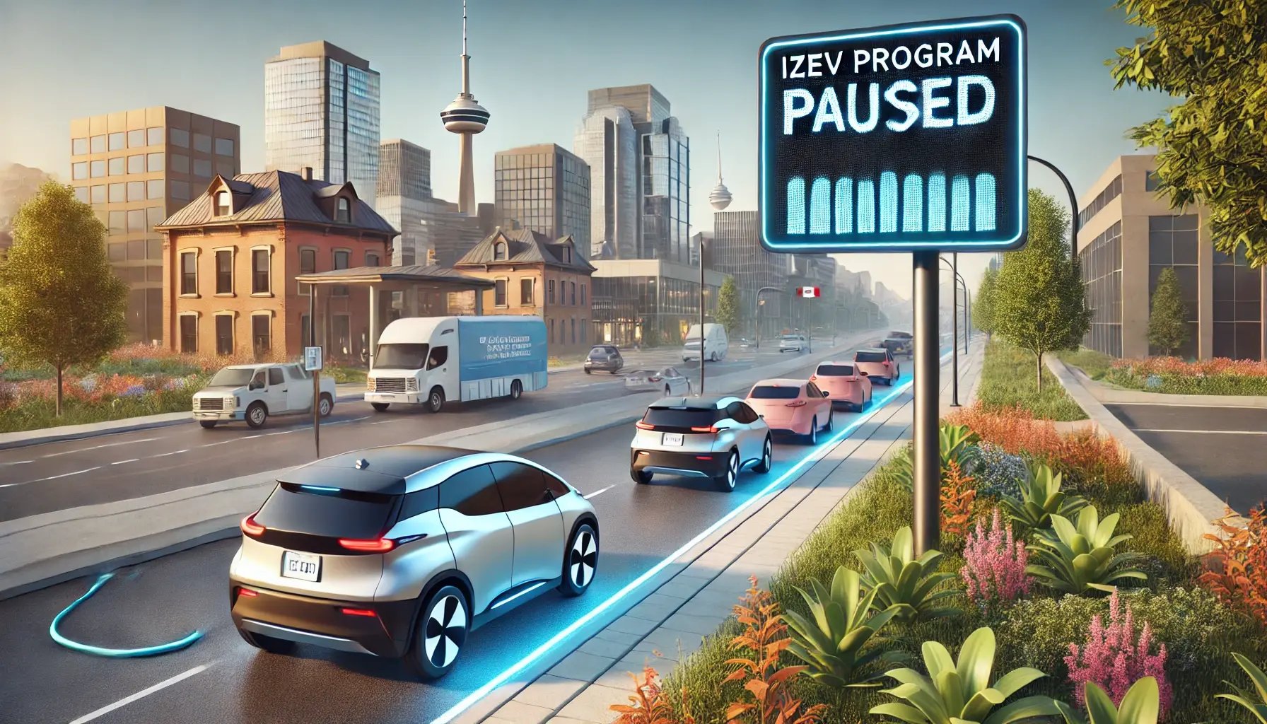 DALL·E 2025-01-13 16.41.05 - A modern Canadian road with electric vehicles (EVs) driving, surrounded by a mix of urban and suburban landscapes. A futuristic digital sign on the ro