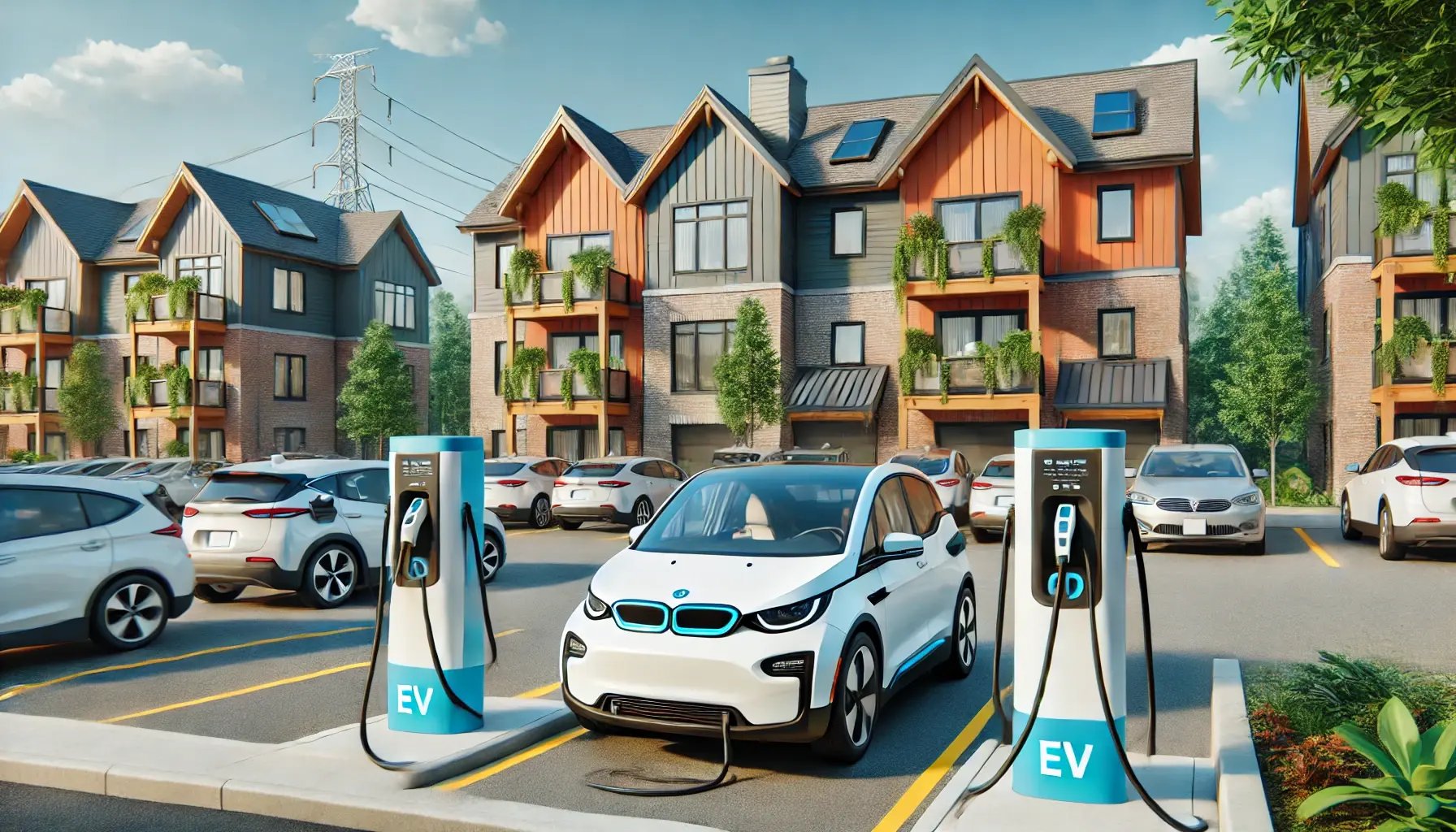 DALL·E 2025-01-13 16.42.16 - A vibrant multi-unit residential building (MURB) in Canada with EV charging stations in the parking lot. A few chargers are unused, symbolizing the un