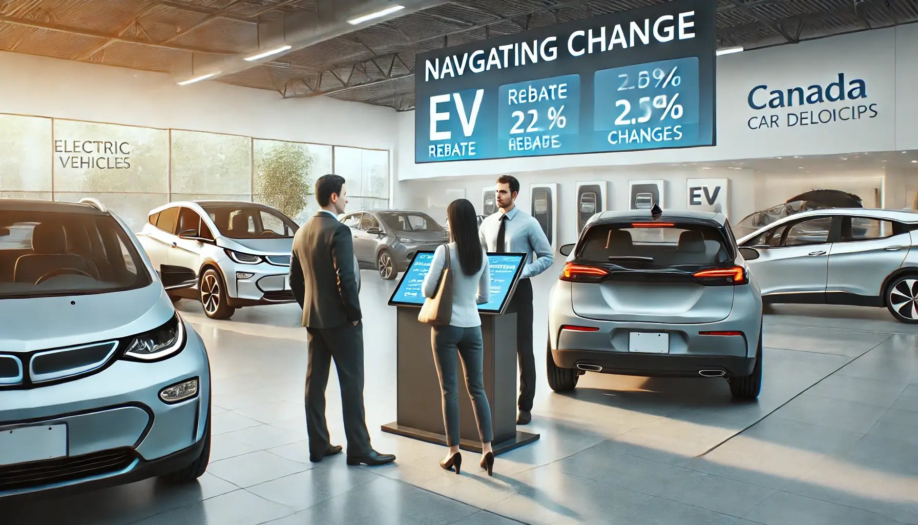 DALL·E 2025-01-13 16.53.29 - A Canadian car dealership showroom featuring a range of electric vehicles (EVs) prominently displayed. Customers are seen discussing options with a sa