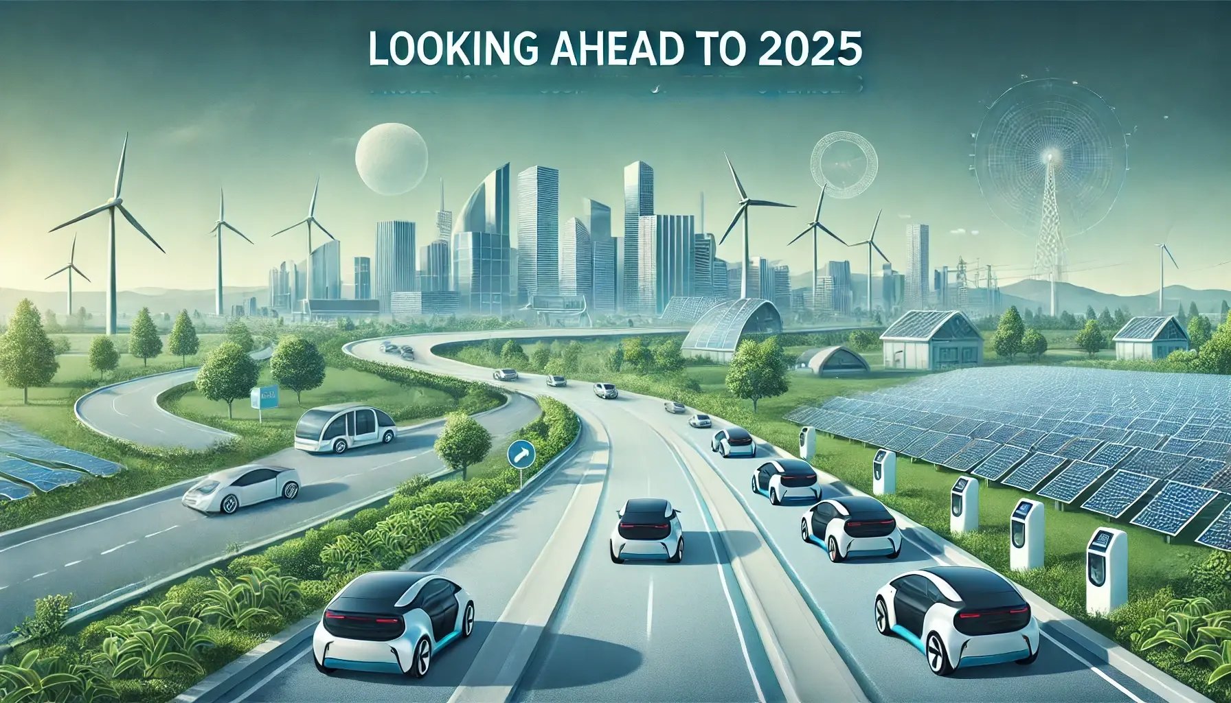 DALL·E 2025-01-17 12.56.45 - A wide-aspect ratio image depicting the future of electric vehicles in 2025. Show a futuristic landscape with sleek, modern electric cars on a clean, 