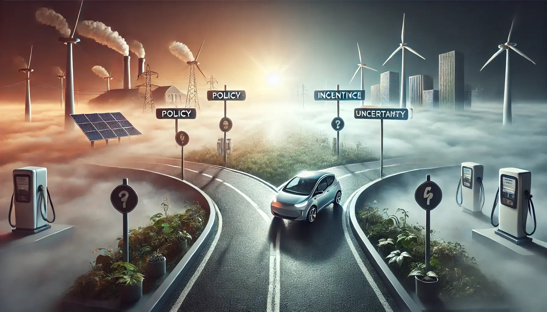 DALL·E 2025-01-17 13.01.55 - A symbolic image representing policy and incentive uncertainty for electric vehicles. The scene features a crossroads with one path leading to a brigh