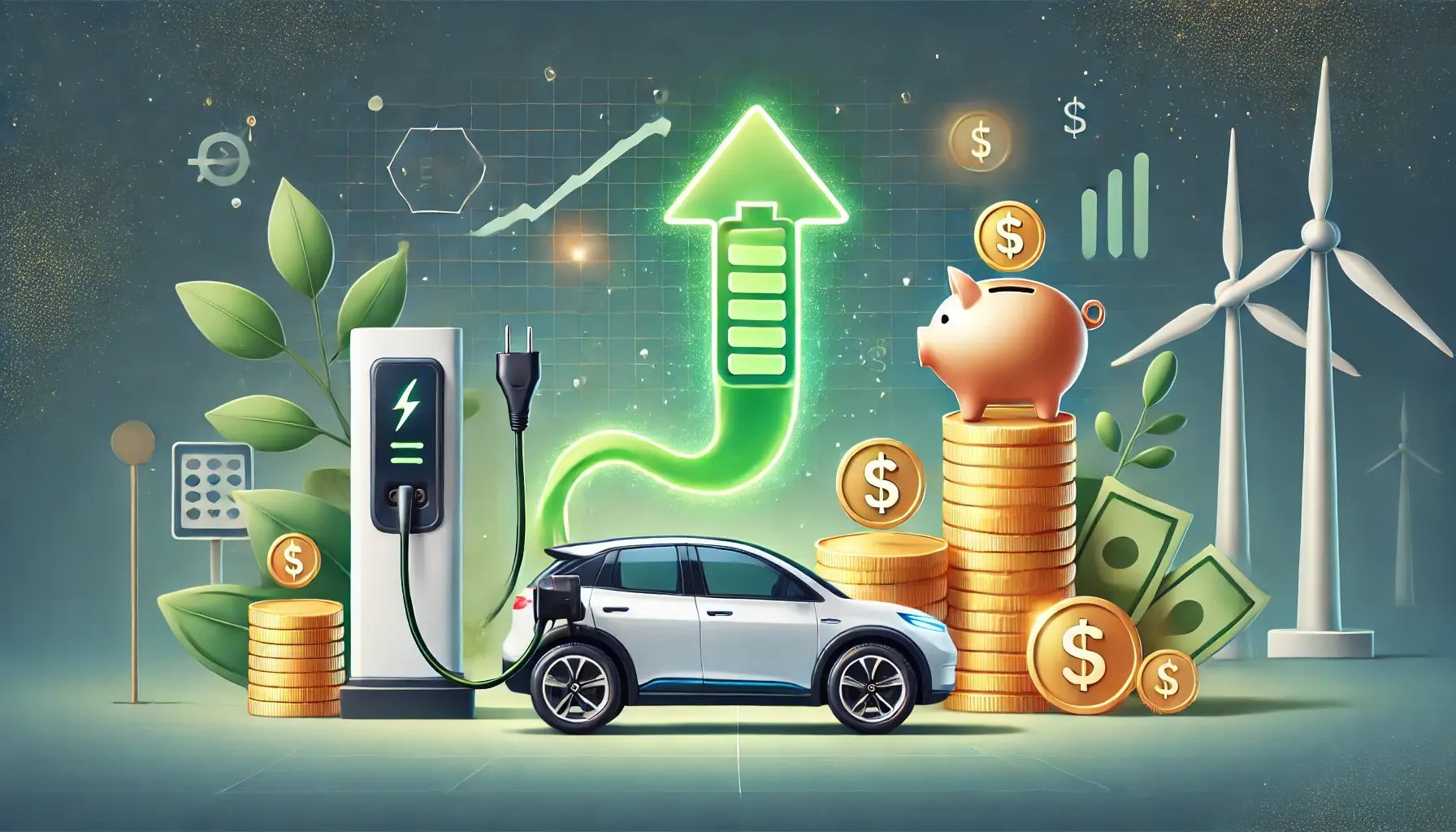 DALL·E 2025-01-20 16.56.08 - A stylized scene depicting the economic benefits of using electric vehicles (EVs) in a 16_9 orientation. On the right, an electric vehicle is plugged 