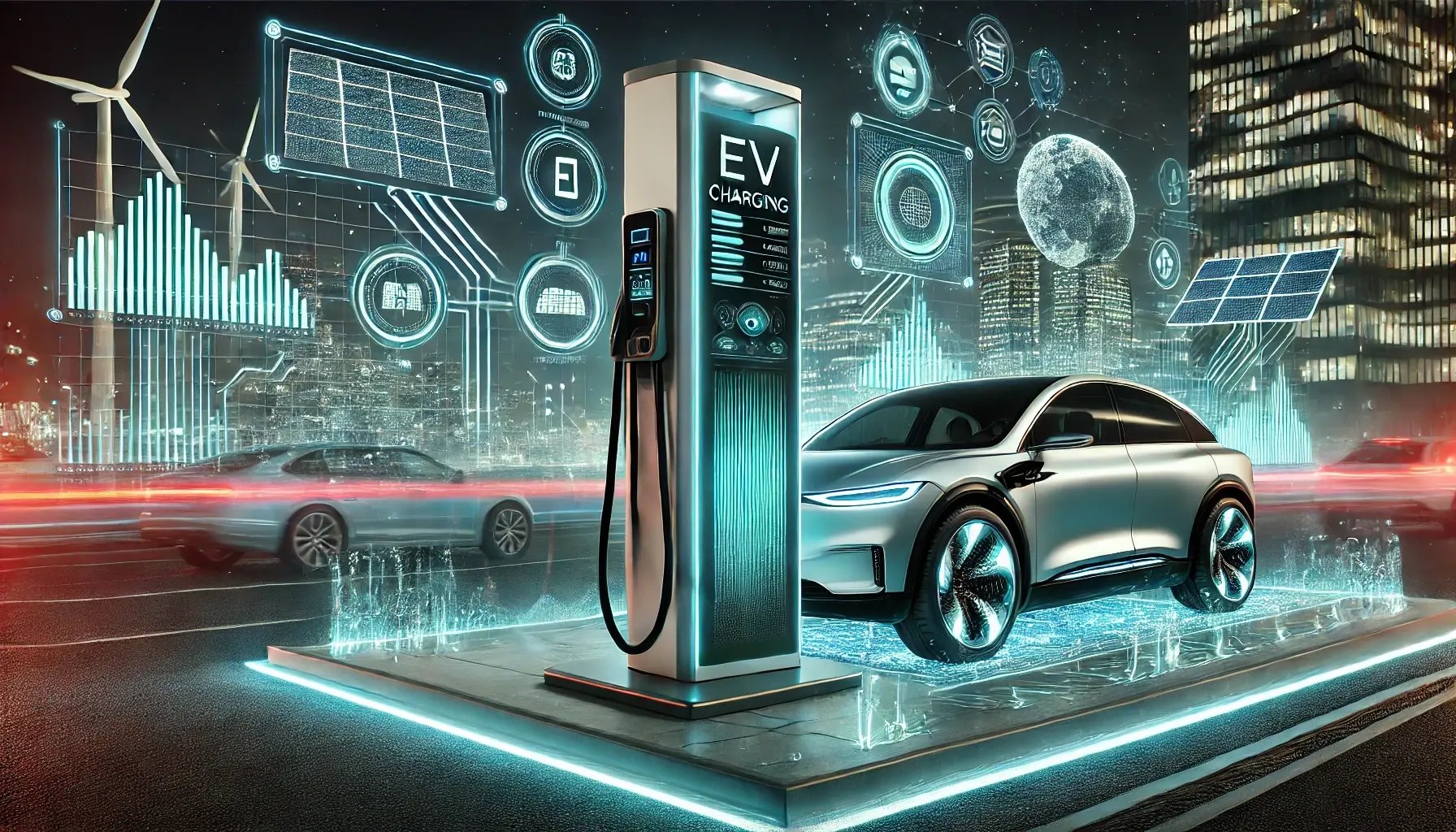 DALL·E 2025-01-20 17.02.04 - A hyper-realistic image showcasing the concept of technology driving EV charging forward. The scene features a cutting-edge electric vehicle (EV) at a