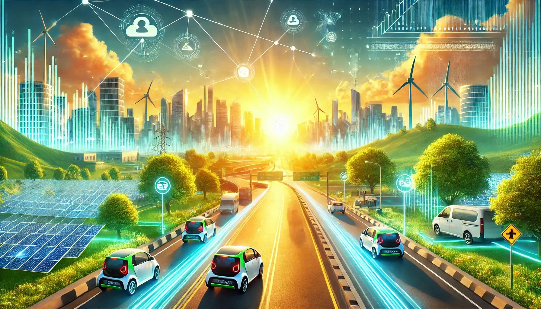 DALL·E 2025-01-20 17.04.56 - A vibrant and optimistic image representing the concept of Driving Toward a Smarter, Cleaner Tomorrow. The scene features a futuristic highway with 