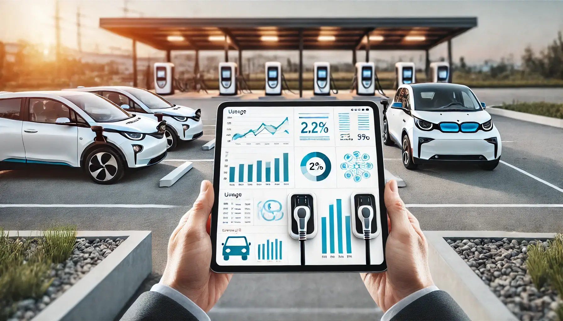 DALL·E 2025-01-24 18.38.36 - A close-up view of a digital dashboard displayed on a tablet held by a technician. The dashboard shows real-time data on EV charger usage, including c