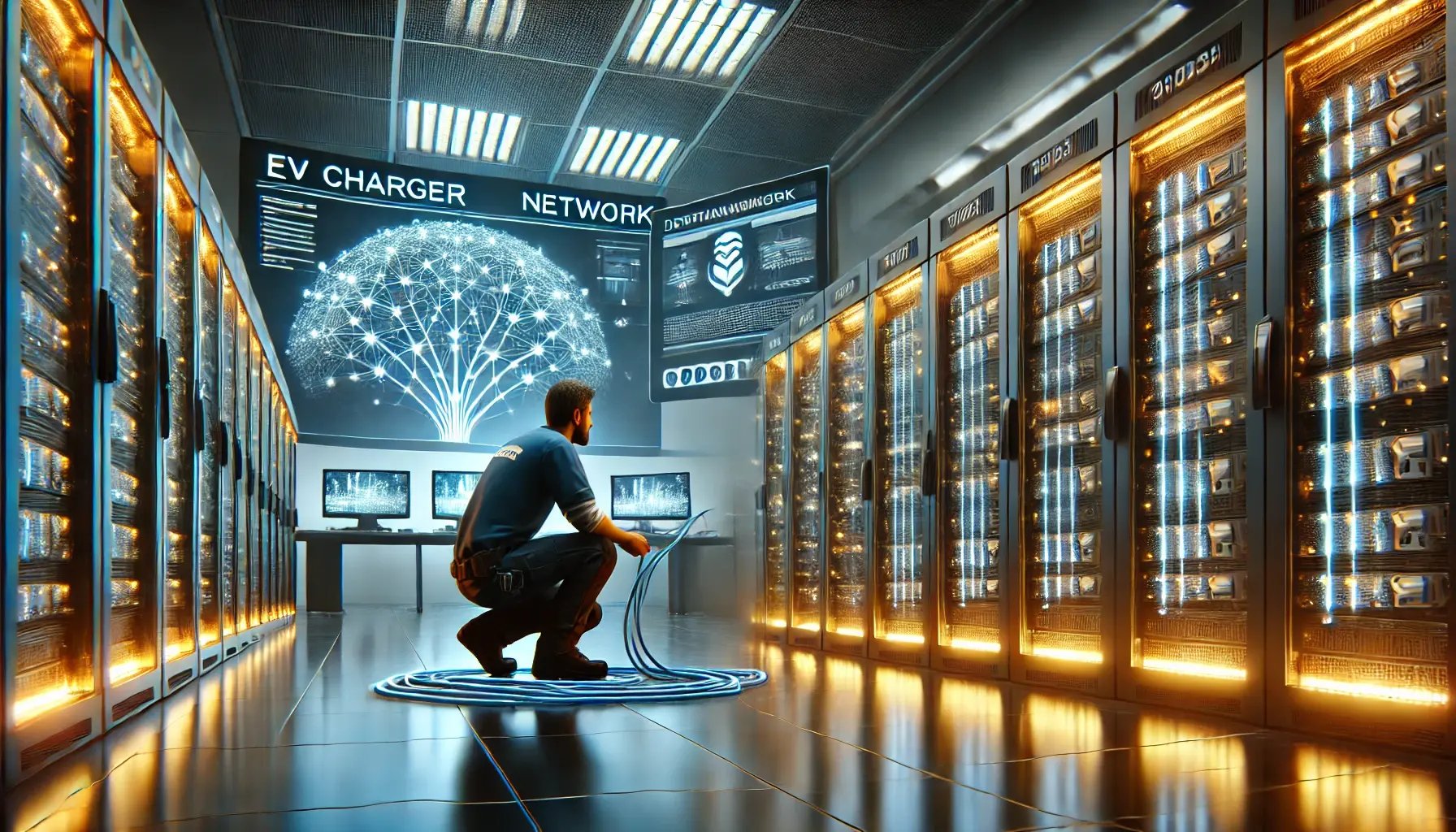 DALL·E 2025-01-24 18.38.39 - A high-tech server room with rows of glowing network equipment in a clean and futuristic environment. In the foreground, a technician is connecting ca