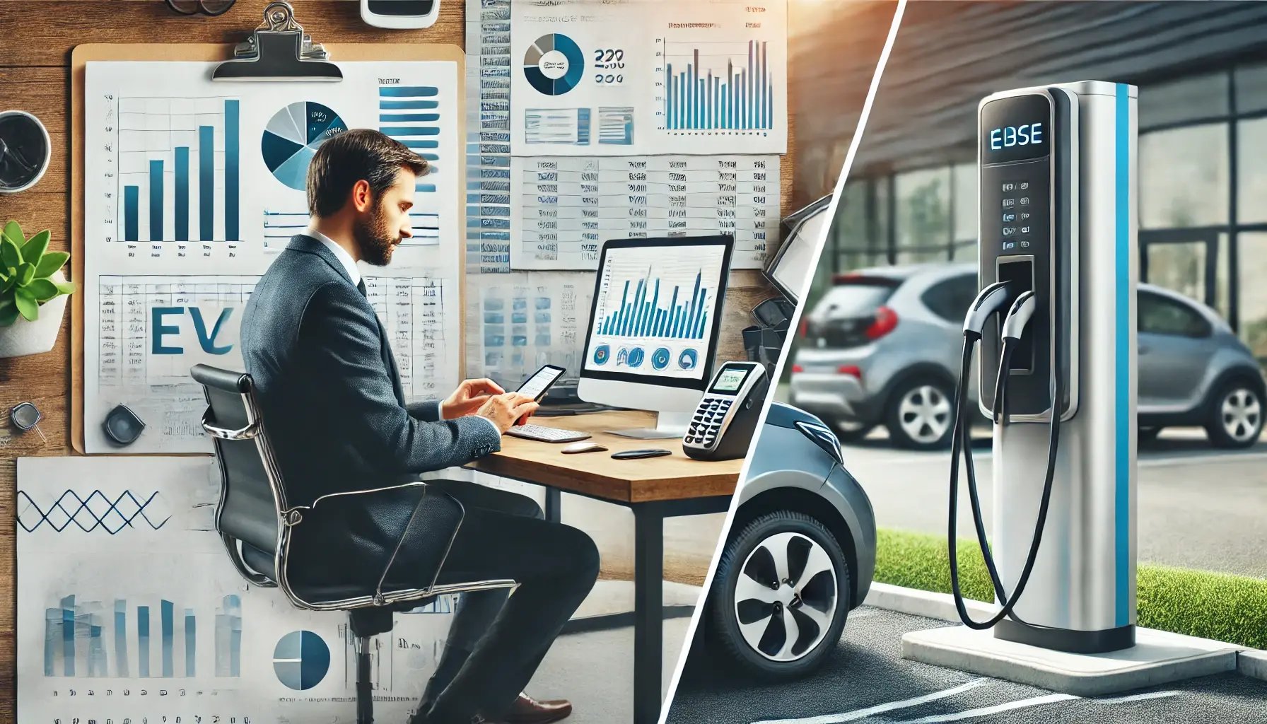 DALL·E 2025-01-24 18.38.44 - A split-screen scene_ On the left, a business owner sits at a desk reviewing detailed billing reports on a computer screen, with charts and financial