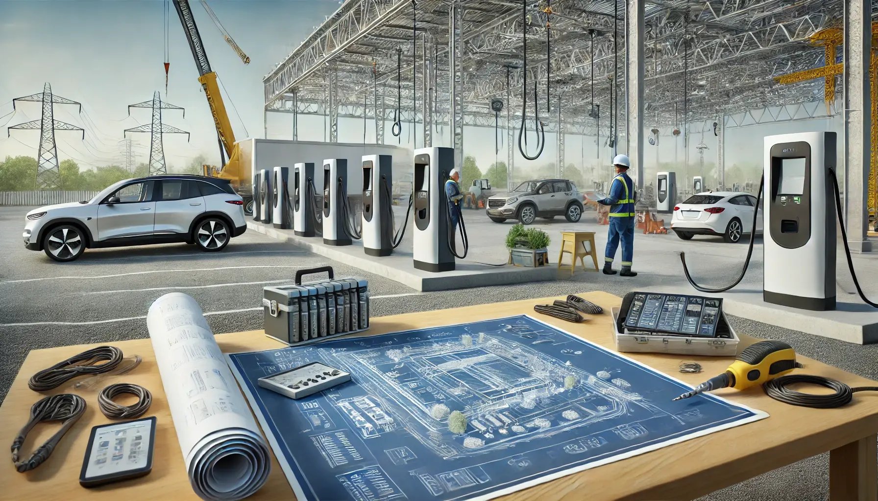 DALL·E 2025-01-24 18.38.46 - A large EV charging facility under construction, with workers actively installing physical chargers and networking hardware. In the foreground, a tabl