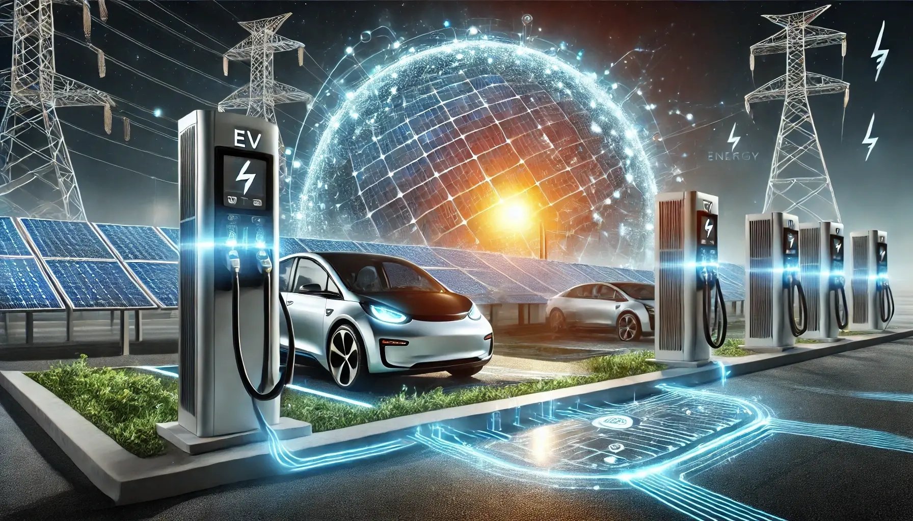 DALL·E 2025-02-10 16.18.51 - A futuristic smart EV charging hub powered by renewable energy. Electric vehicles are charging efficiently under large solar panels, with a high-tech