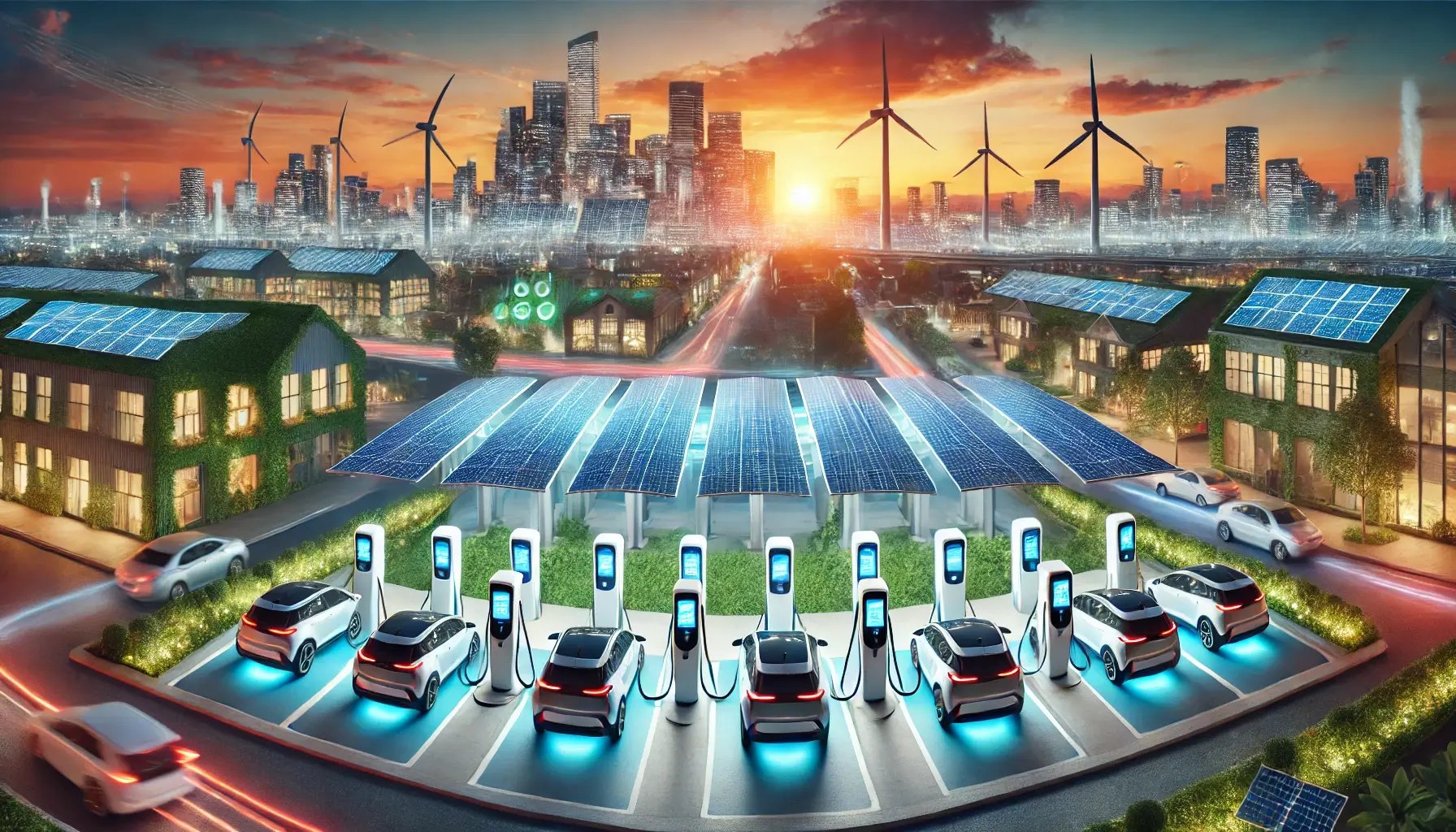 DALL·E 2025-02-10 16.20.30 - A futuristic solar-powered EV charging station integrated seamlessly into a modern cityscape. The station is surrounded by multiple electric vehicles