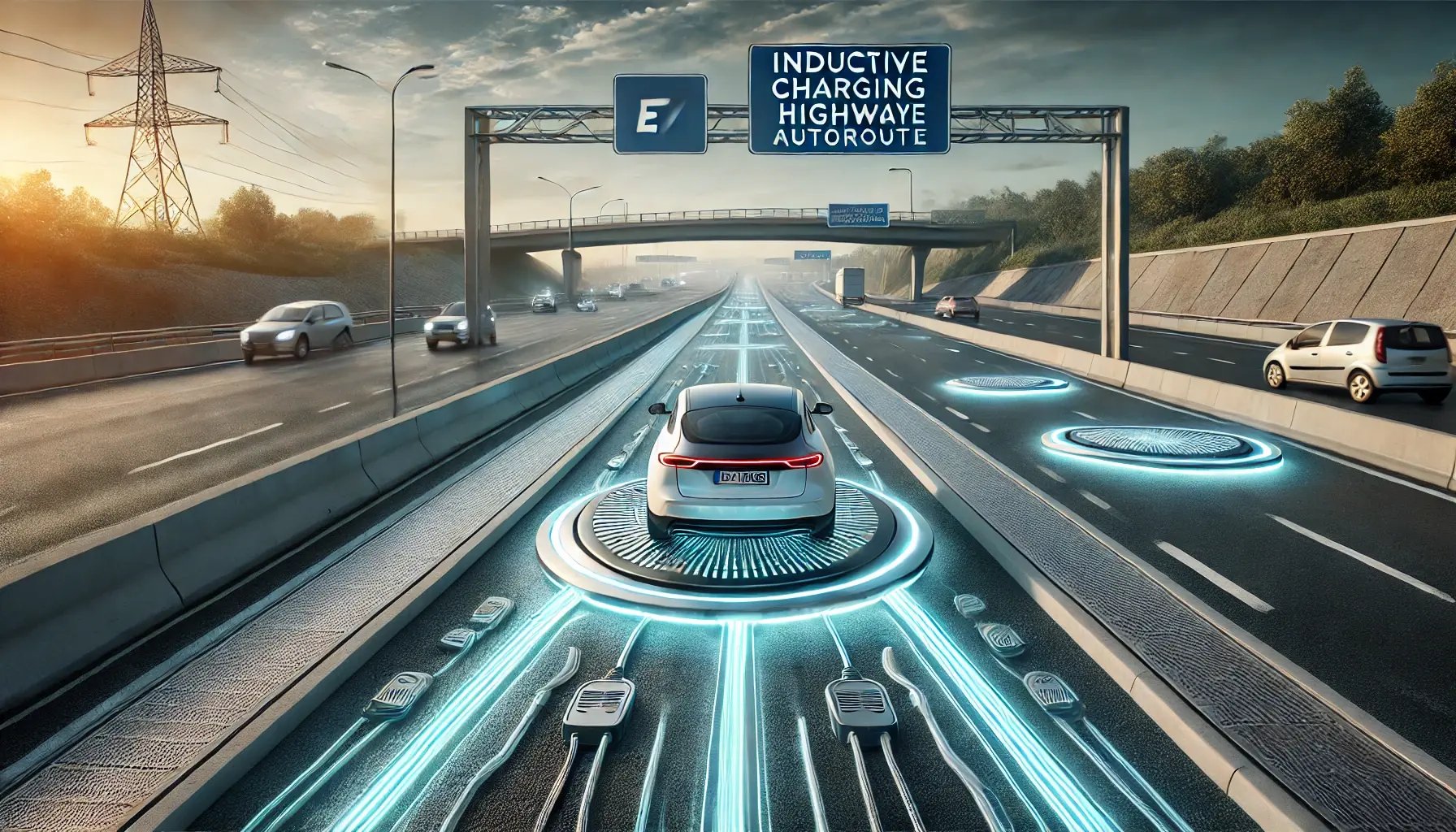 DALL·E 2025-02-25 16.37.44 - A futuristic highway with embedded inductive charging sensors beneath the asphalt. The road has visible glowing energy lines indicating wireless charg