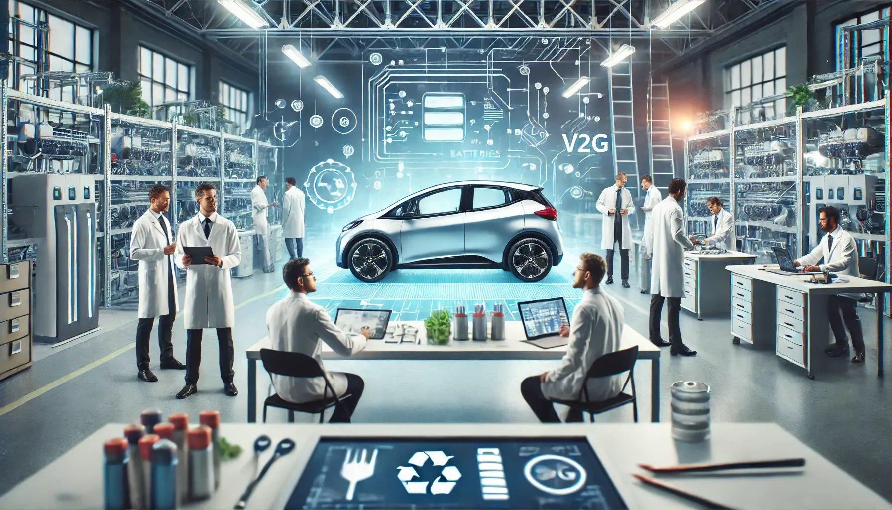 DALL·E 2025-03-12 15.39.48 - An engaging, realistic image depicting innovation in electric vehicle technology, featuring engineers and technicians working collaboratively in a mod
