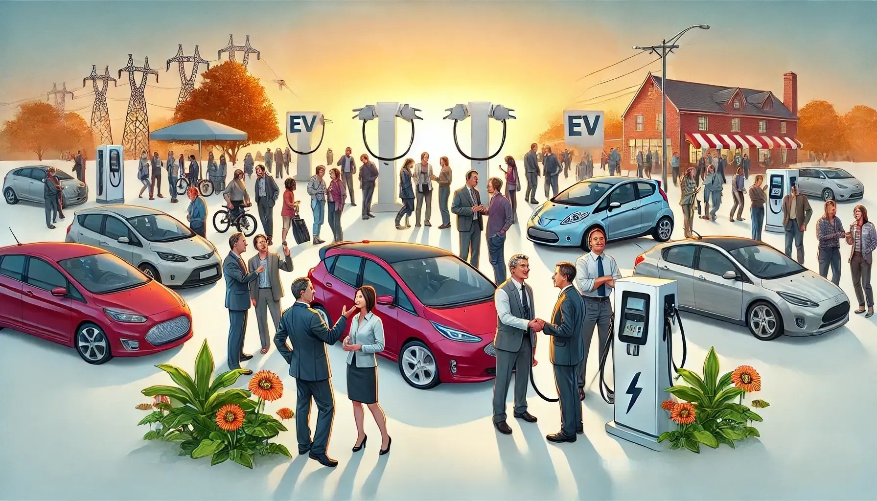 DALL·E 2025-03-12 16.00.45 - A realistic, dynamic illustration showing a diverse group of consumers interacting positively with electric vehicle dealers and charging infrastructur