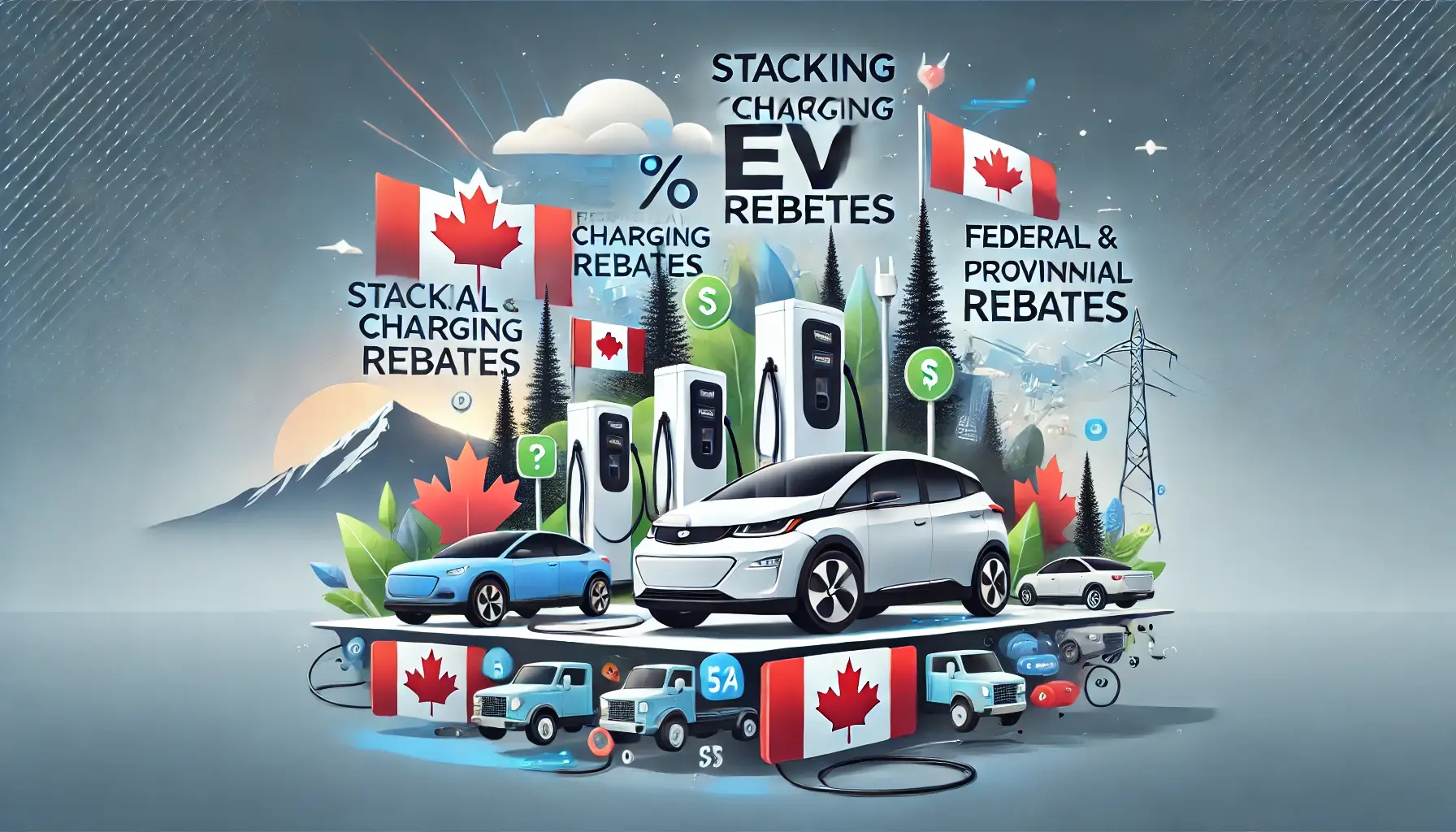 picture of electric cars, stacked on each other and canadian flags, representing stacking rebates