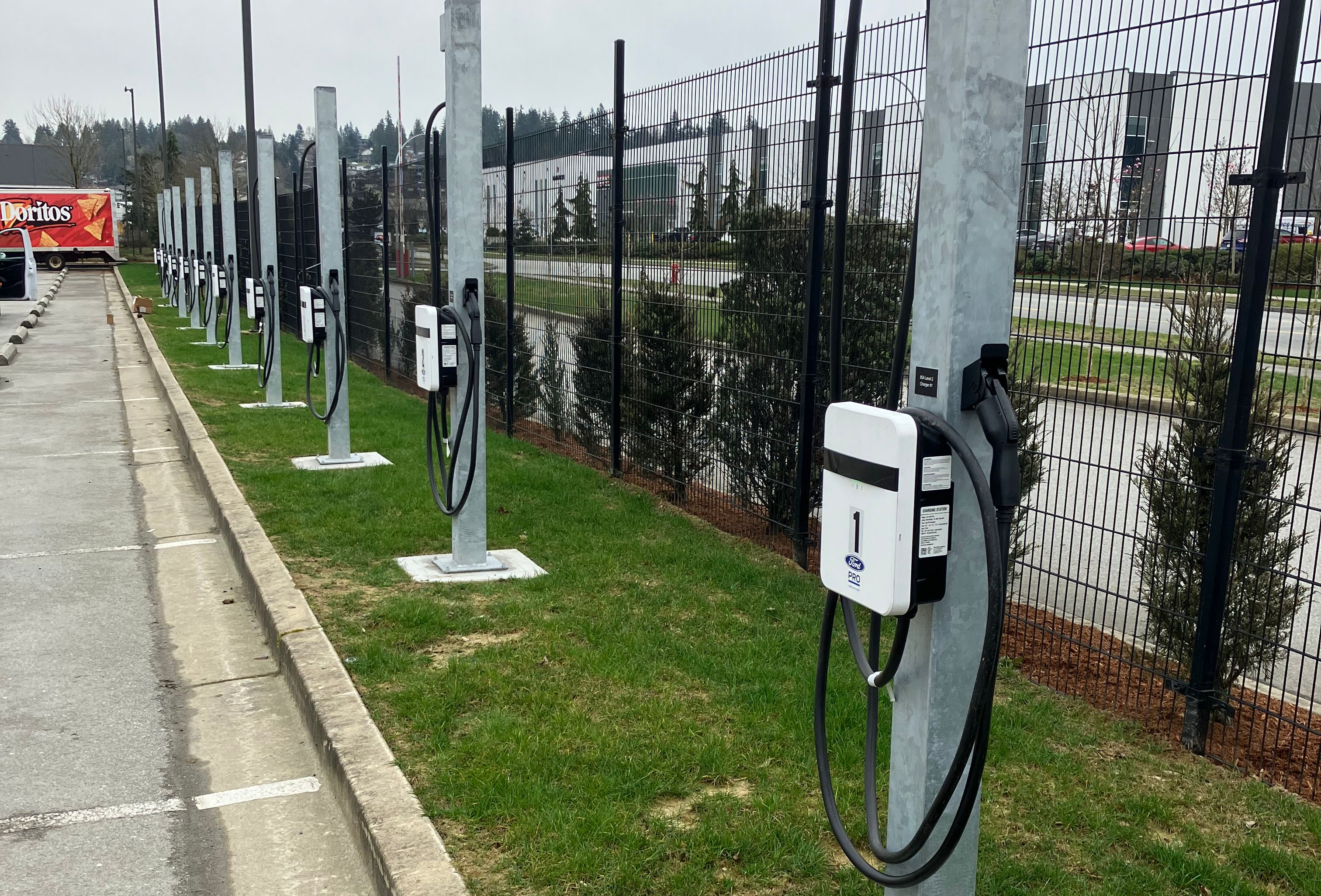 80 amp level 2 chargers on pedestals with cable management